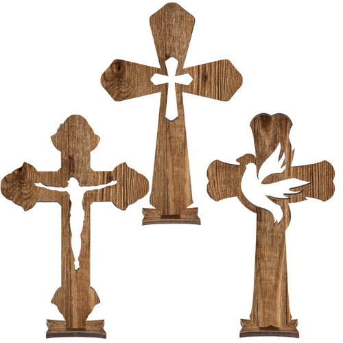 24 Pieces Wooden Cross Catholic Wood Crosses for Crafts Small Baptism Decor Rustic Standing Cross for Table First Communion with 24 Bases, 3 Styles, 6.7 x 4.3 Inches (Dark Brown)