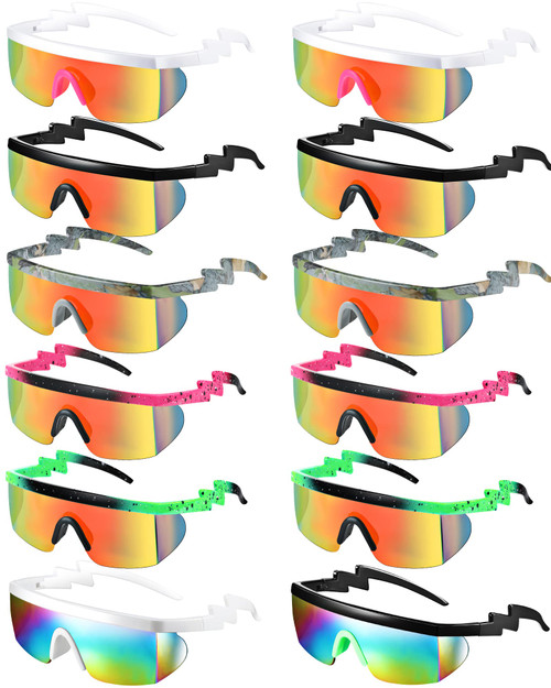 Fabbay 12 Pairs 90s Sunglasses Neon Semi Rimless Rainbow 80s Zigzag Sunglasses Goggle Style Retro Rave Shades Glasses for Men Women