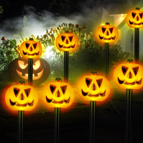 Retisee 8 Pieces Halloween Pumpkin Pathway Lights Waterproof Battery Operated Stake Lights LED Halloween Decorations Outdoor Pathway Markers Lights for Yard Porch Lawn Pathway Garden Walkway