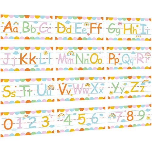 12 Pcs Alphabet Bulletin Board Set Boho Rainbow ABC Number 0-9 Line Wall Decorations with 3 Sheets Adhesive Dots Classroom Alphabet Line for Preschool Kindergarten Classroom Decor (Multicolor)