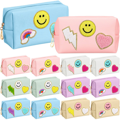 Sanwuta 12 Pcs Preppy Patch Makeup Bag Chenille Letters Cosmetic Bag Pu Leather Preppy Organizer Small Smile Lightning Heart Toiletry Bag Portable Waterproof Storage Purse Pouch for Women Girls