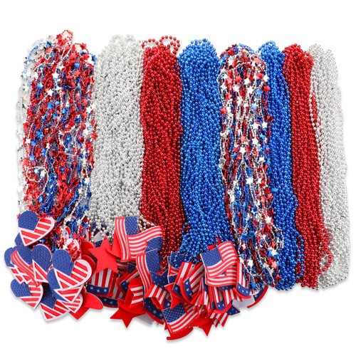 Bucherry 4th of July Beads Necklaces Bulk Red White Blue Patriotic Beads Necklaces with Star American Flag Independence Day Accessories for 4th of July Party Favor Patriotic Parade, 6 Styles (54 Pcs)