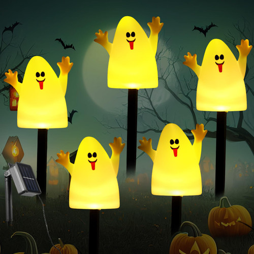 VIHOSE Halloween Outdoor Decorations Halloween Stake Light Solar Skeleton Waterproof Powered Light up Yard Stake Candle Ghosts Pumpkin Pathway Stake String Light for Garden(1 Set, Ghost)