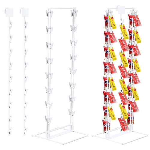 Geetery 2 Pcs Potato Chip Rack Display Stand 2 Row Candy Snack Chip Display Rack Chip Bag Holder 2 Pcs Hanging Merchandise Strips with Hooks for Countertop Portable Collapsible Retail Rack, White