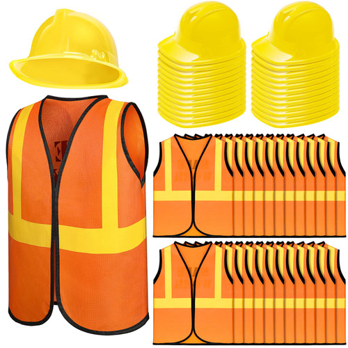 48 Pieces Kids Construction Worker Costume Includes 24 Pcs Construction Hats and 24 Pcs Construction Vests for Kids Birthday Party Halloween Construction Worker Costume Favor Decoration