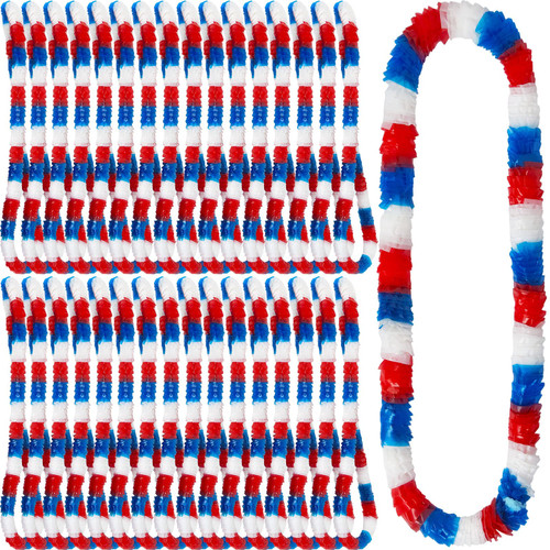 Jexine 150 Pieces 4th of July Party Lei Red White and Blue Leis Patriotic Flower Necklace Patriotic Plastic Flower Decorations Garland Wreath for Independence Day Memorial Day