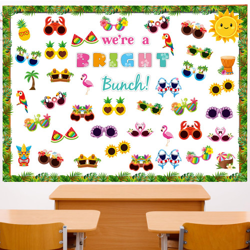 Fulmoon 73 Pieces Summer Bulletin Board Decorations Hawaiian Sunglasses Cutouts Summer Bulletin Board Borders Hawaiian Theme Party Cutouts Beach Classroom Decorations for Tropical Tiki Party Supplies