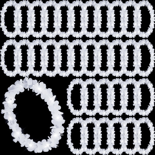Sherr 24 Pcs LED Hawaiian Leis Light Up Flower Leis Necklace Rainbow Flower Hawaiian Leis with LED Lights Beach Tropical Carnival Party Supplies Luau Leis for Masquerade (White)