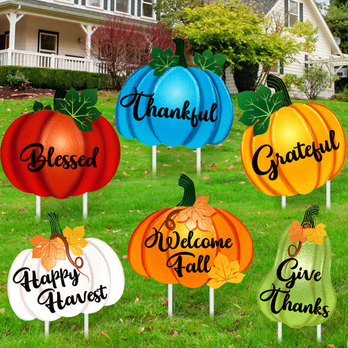 Vicenpal 6 Pcs Thanksgiving Fall Pumpkin Decoration Halloween Outdoor Yard Stakes Sign Rustic Harvest Pumpkin Yard Sign for Autumn Harvest Wall Door Lawn Walkway Decoration