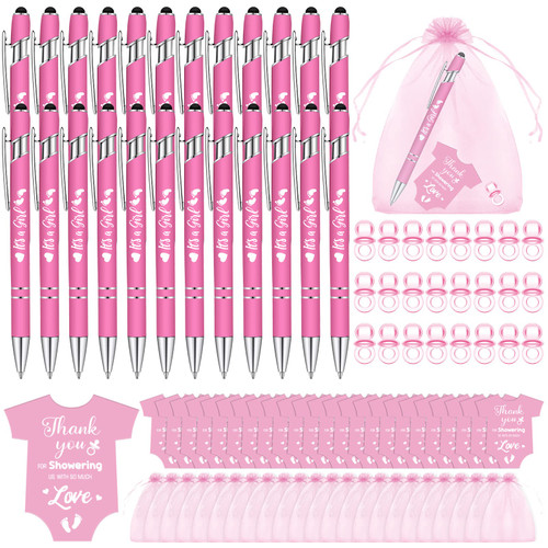 PerKoop 24 Sets 96 Pcs Baby Shower Pens It's a Boy It's a Girl Ballpoint Pens with Baby Shower Cards, Mini Acrylic Baby Pacifiers and Organza Bags for Guests Gender Reveal Party Favors (Girl, Pink)