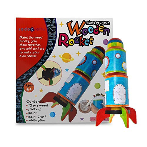 SadoCrafts Paint Your Own Rocket - Fun and Interactive DIY Educational Wood Craft Kit for Kids