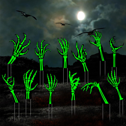 12 Pack Halloween Yard Signs with Stakes Glow in the Dark Plastic Skeleton Hands Spooky Halloween Decor for Outdoor Yard Lawn Garden Halloween Party Decorations, 12 Styles