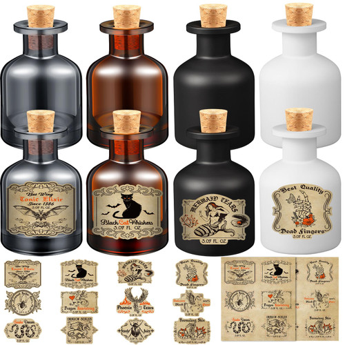 Sliner 8 Sets Halloween Potion Bottles with Cork and Label Stickers Halloween Decorations Indoor Scary Witch Apothecary Bottles Halloween Jars for Tiered Tray Table Home Room Party Supplies
