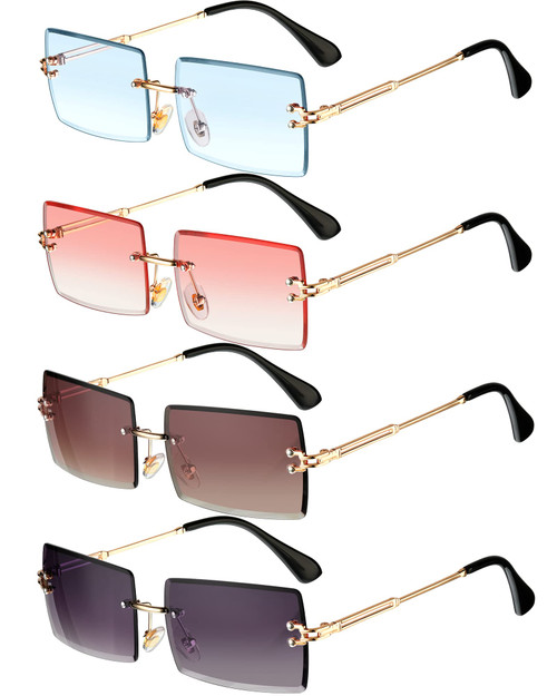 4 Pairs Rimless Rectangle Sunglasses Frameless Square Glasses Vintage Transparent Eyewear for Women Men (Cute Colors)