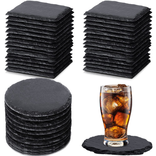 36 Pieces Square Round Slate Coasters Bulk, 4 Inch Drink Coasters Black Coasters Stone Coasters Bar Coasters Cup Coaster for Drinks Table Bar Kitchen Home