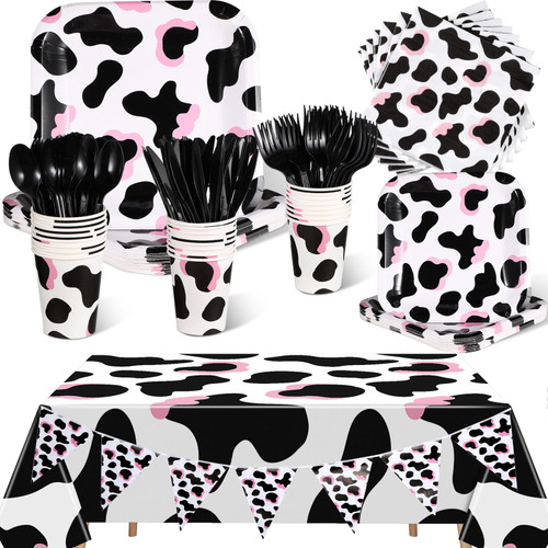 Rtteri 171 Pcs Pink Cow Print Party Supplies Included Plates Cups Napkins Spoons Tableware Serves for 24 Banner and Tablecloths for Girl Boy Cow Theme Farm Animal Birthday Baby Shower Decorations