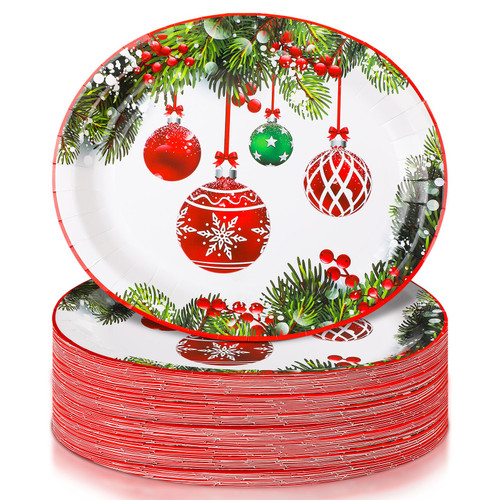 Lemosae 100 Count Christmas Oval Paper Plates Platter Bulk 10" x 12.5" Large Disposable Dinner Party Plate Xmas Serving Dish for Christmas Party Supplies Dinnerware Table Holiday (Christmas Ball)