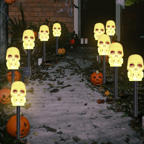 VIHOSE Set of 5 Halloween Outdoor Decoration Solar Lights Halloween Skull Pathway Markers Lights Outdoor Waterproof Skeleton Skull Stake Lights for Garden Yard Porch Driveway Walkway Lawn Party Decor