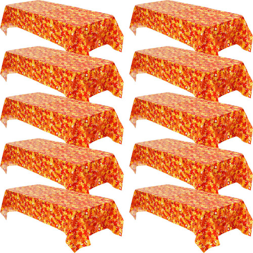 Preboun 10 Pieces Thanksgiving Tablecloth Disposable 54 x 108 Inch Orange Fall Leaf Rectangle Autumn Table Cloth Waterproof Plastic Fall Theme Table Cloth for Thanksgiving Harvest Party Table Decor