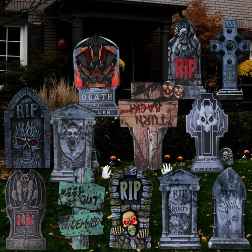 Sintuff 12 Pcs Large Halloween Tombstone 24 Inch Graveyard Yard Stakes Signs Cemetery Tombstone Haunted Mound Halloween Outdoor Decorations for Scared Atmosphere Garden Cemetery Stakes Signs Tombstone