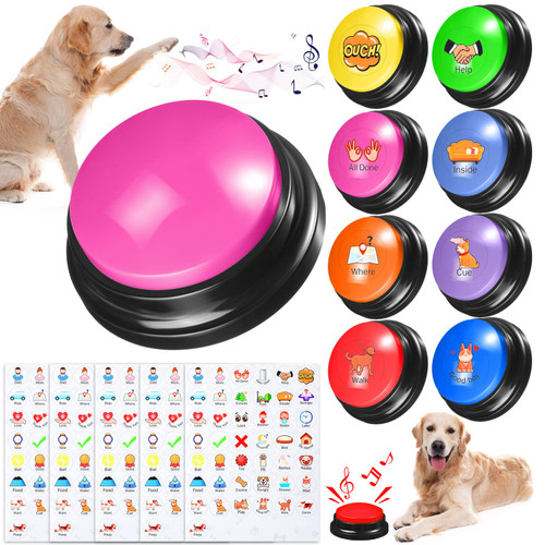 8 Colors Dog Buttons for Communication Dog Talking Button Set Voice Recording Button Dog Training Buzzer with 215 Pcs Stickers 30 Seconds Recordable Pet Funny Gift for Cat Pet Dog Training Button