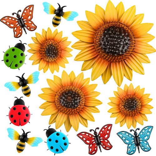 Sweetude 12 Pcs Sunflower Metal Flowers Wall Decor Yellow Flower Outdoor Decor Metal Ladybug Bee Garden Fence Patio Yard Art Inspirational Metal Wall Art Hanging for Indoor Home Bedroom Living Room