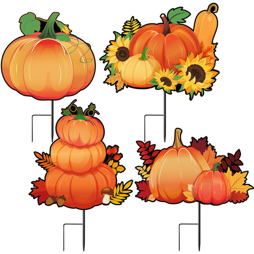 4 Pcs Thanksgiving Fall Metal Pumpkin Yard Stakes 16 x 10'' Pumpkin Yard Signs Outdoor Decorations Autumn Harvest Yard Decor Fall Yard Signs for Outdoor Party Garden Lawn Holiday Decoration