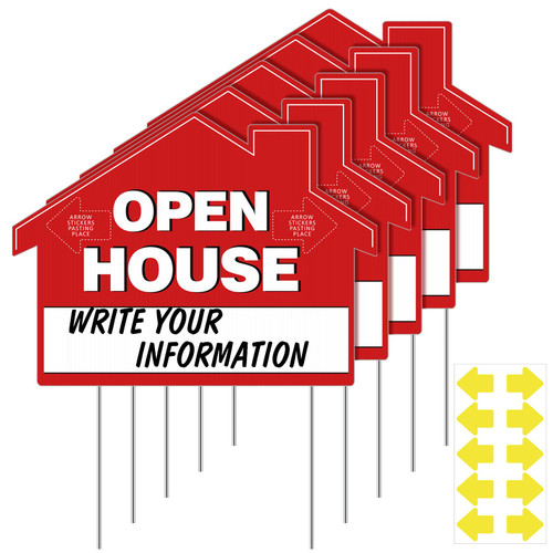 5 Pack Open House Sign with 10 Stakes Arrow Stickers 12 x 16 Inch Double Sided Yard Sale Signs Open House Real Estate Sign for Sale by Owner Sign for Garden Outdoor