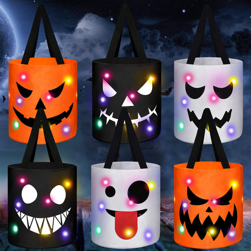 Teling 6 Pcs LED Halloween Candy Bucket Pumpkin Trick or Treat Basket Light Multipurpose Reusable Goody Bags for Kids Halloween Supplies Favors(Smile Face)
