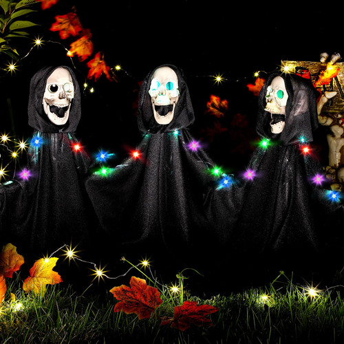 Huwena 3 Pcs Halloween Ghost Yard Stakes with Light up Haunted Cloth Ghost Stakes Halloween Stakes Yard Decoration with LED Lights for Lawn Graveyard House Outdoor Decor (Scary,19.69 x 7.87 Inches)