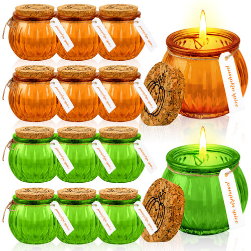 MTLEE 12 Pcs Thanksgiving Pumpkin Shaped Candles Fall Pumpkin Scented Candles with Pumpkin Sign and DIY Stickers for Halloween Room Decoration Gift