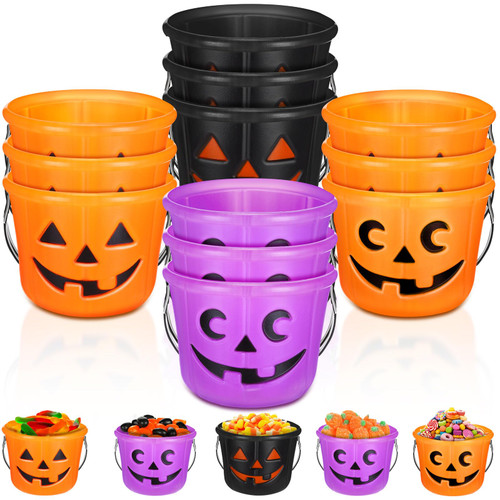 Jenaai 12 Pack Halloween Pumpkin Bucket Plastic Jack O Lantern Candy Basket Trick or Treat Halloween Bucket Plastic Candy Pumpkin Pails with Handle for Halloween Party Supplies (Novelty)