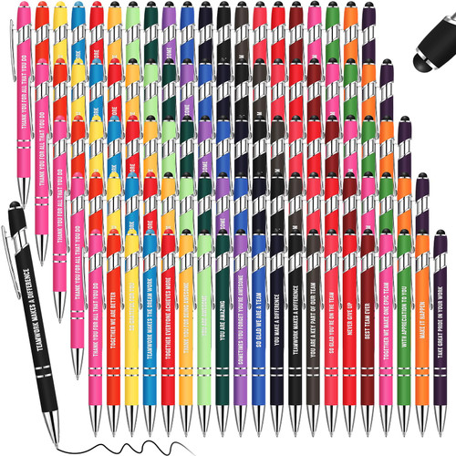 Handepo 100 Pack Stylus Tip Ballpoint Pen Inspirational Quotes Pen Rubberized Ballpoint Pen Screen Touch 1.0 mm Black Ink Pen for Home Office School Supplies (Colorful, Employee Appreciation)