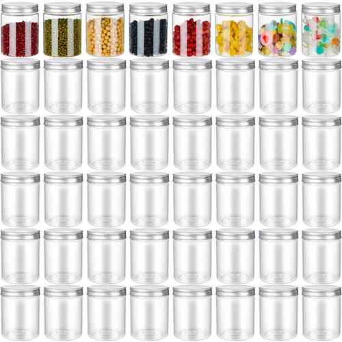 48 Pcs 8 Oz Clear Plastic Jars Containers with Screw on Lids Round Empty Plastic Storage Containers Refillable Small Plastic Mason Jars Food Jars Canisters for Kitchen Household Storage (Silver)