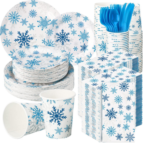 Sinmoe 400 Pcs Christmas Dinnerware Set Snowflake Disposable Christmas Plates and Napkins Set Serve 50 Blue Winter Xmas Paper Dinner Plates Napkins Cups Christmas Party Supplies for Holiday Dinner