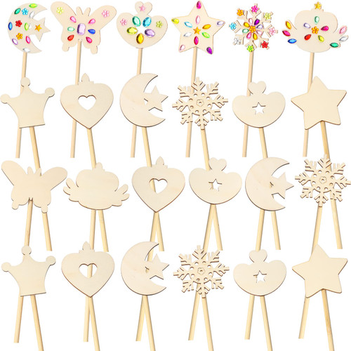 24 Pieces Princess Fairy Wands Kit Unfinished Wooden DIY Magical Wand Stick Crafts Include Star Butterfly Crown Moon Fairy Wood Wand for Girl Make Your Own Princess Wand Cosplay Costume Party