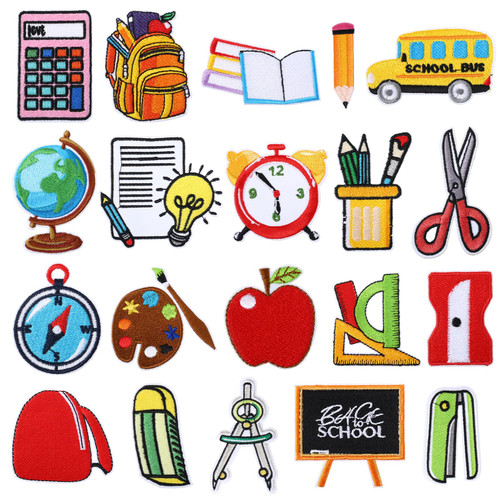 Retrowavy 20 Pcs Back to School Iron on Patches Pencil Bus Apple School DIY Embroidered Applique Colorful Assorted Repair Sew Applique for Teacher Students Clothing Jacket Jeans Backpack Hat