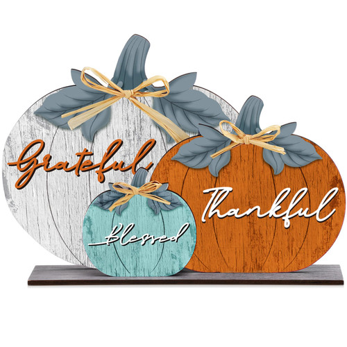 Fall Pumpkin Sign Decorations Wooden Blessed Grateful Thankful Tabletop Decor Farmhouse Vintage Thanksgiving Harvest Pumpkin Block Signs for Thanksgiving Rustic Home Room Table Shelf Decorations