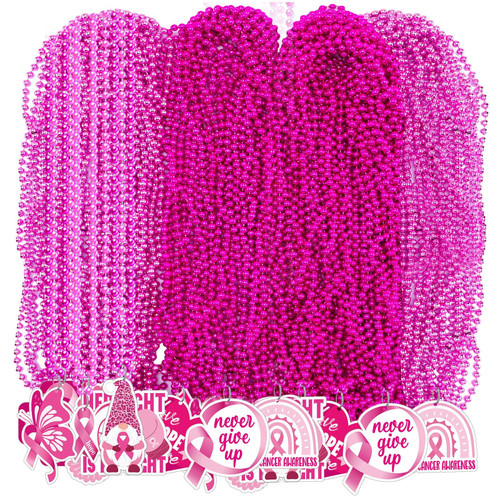 Huquary 100 Pcs Breast Cancer Awareness Beaded Necklace Bulk Pink Beads Necklace Breast Cancer Awareness Accessories Pink Ribbon Bead Necklace for Breast Cancer Awareness Party Costume Accessories