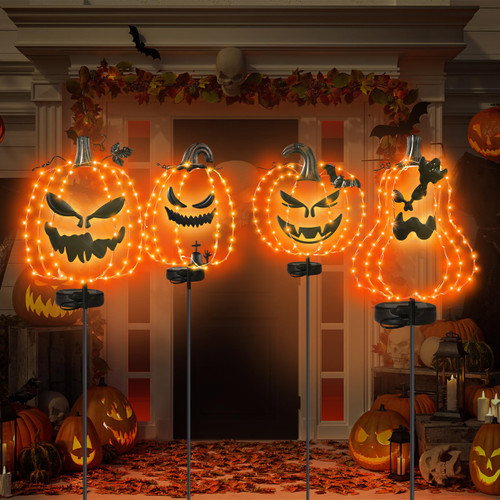 4 Pcs Solar Halloween Metal Stakes Garden Decorations LED Solar Powered Multicolor Lighted Pumpkin Black Cat Skeleton Witch Hat Yard Sign Stakes for Outdoor Garden Lawn Yard Porch Pathway (Pumpkin)