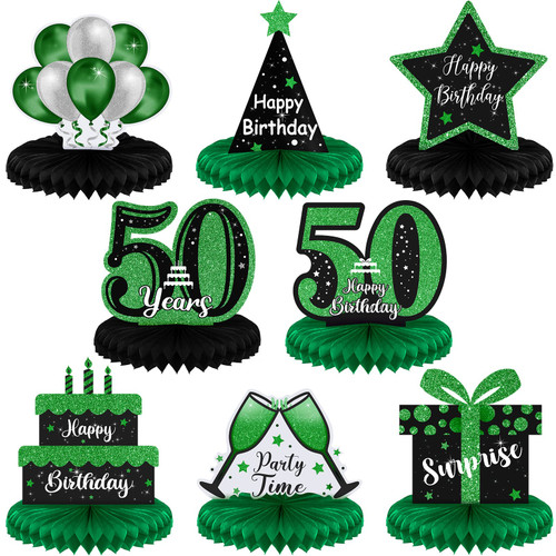 8 Pieces 50th Birthday Decorations Green Black Glitter 50th Happy Birthday Honeycomb Centerpieces for Tables 50 Years Table Topper for Men Women Fifty Years Old Birthday Party Supplies