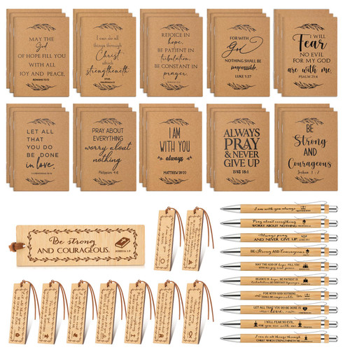 Fuutreo 90 Pcs Bible Verse Inspirational Christian Gifts Bulk Set Bamboo Christian Pen Bible Verse Inspirational Notebooks Wood Religious Bookmarks Christian Prayer Journals for Office Church School