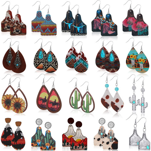 20 Pairs Western Earrings Jewelry for Women Cowgirl Cowboy Boho Vintage Handmade Cow Print Leather Wood Turquoise Teardrop Dangle Earrings Bulk Bohemian Girls (Classic Style)