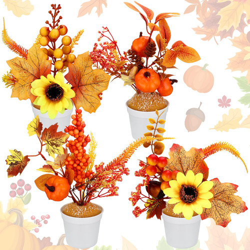 Zeyune 4 Pcs Artificial Fall Flowers Autumn Potted Plants Maple Leaves Berries Pumpkin Fake Mini Plants Decorations Centerpieces for Thanksgiving Harvest Indoor Outdoor Home Kitchen Table Decor