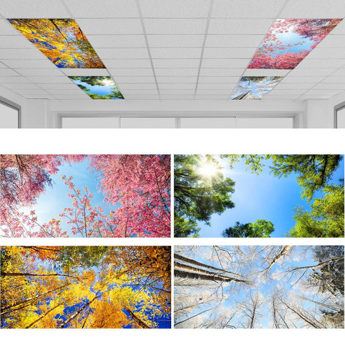 Amylove 4 Pcs Fluorescent Light Filters for Ceiling Light Non Magnetic 4 x 2 ft Classroom Light Cover Decorative Fluorescent Light Diffuser for LED Ceiling Office Decoration, Forest Style of 4 Seasons