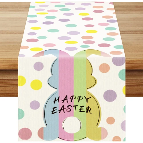 Happy Easter Table Runner Easter Bunny Burlap Table Runner 13 x 72 Inches Colorful Seasonal Spring Table Decor Jute Rustic Rabbit Tails Table Linen for Easter Farmhouse Kitchen Decorations(Bunny)