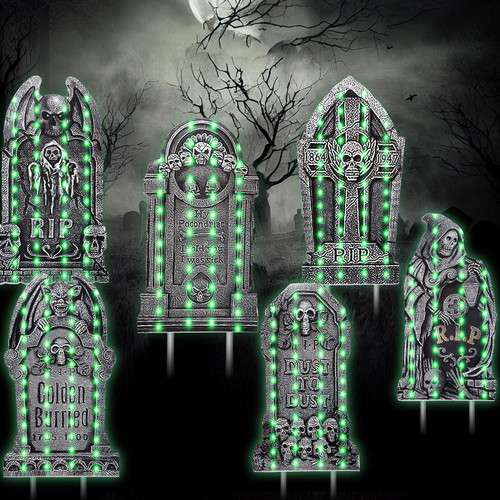 Thyle 27'' Height 6 Pack Halloween Tombstone Yard Signs with LED Light Graveyard Tombstones Yard Signs Corrugated RIP Tombstones Halloween Sign with Stakes for Halloween Props Outdoor Lawn Decor