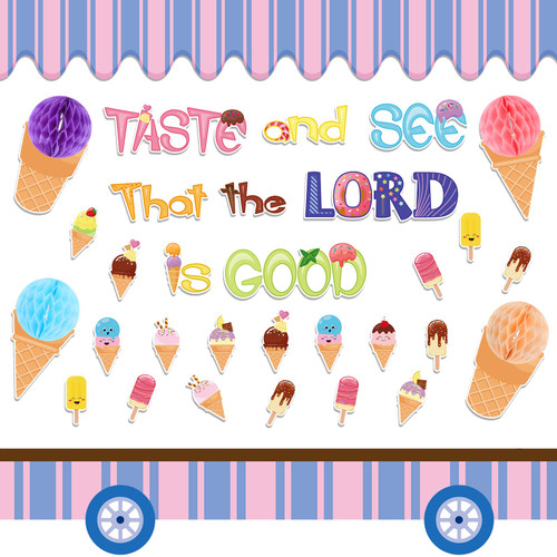 78 Pcs Ice Cream Honeycomb Bulletin Board Set Religious Bulletin Board Sets Taste and See That The Lord is Good Cutouts Summer Bulletin Board Ice Cream Cut Out for Classroom School Office Supplies