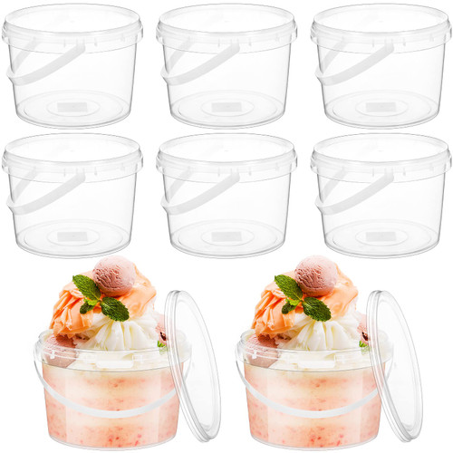 Gerrii 8 Pcs Clear Buckets with Lid Plastic Ice Cream Buckets with Lid and Handle Food Ice Cream Tub Food Storage Containers Round Reusable Pail for Food Drinks (Clear,4L)