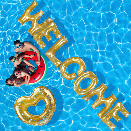 Lenwen 8 Pcs Large Pool Floats Inflatable Letters and Heart Shaped Float Decoration Welcome Floating Letters for Pool Party Decorations Floating Pool Letters and Heart Pool Float for Birthday Wedding